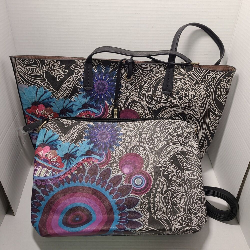 Gyoiamea 2-in-1 Tote Bag & Crossbody Set Split Floral Paisley Boho Mandala